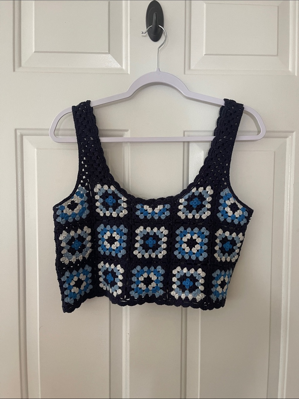 Sincerely Jules Navy Crochet Square-Block Crop Tank with Blue & White Motifs